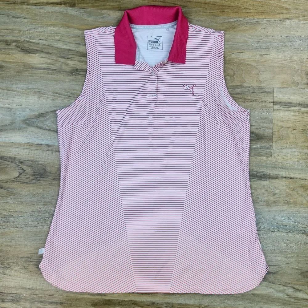 🔺️Puma Golf Pink & Orange Striped Collared Sleeveless Top Large